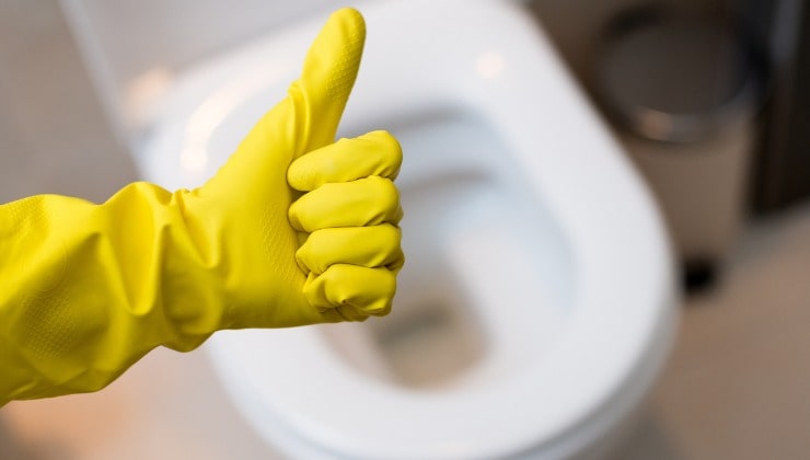 Hand mit Handschuh auf Toilette
