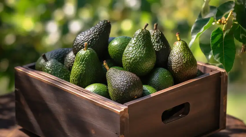 eine Schachtel mit Avocados