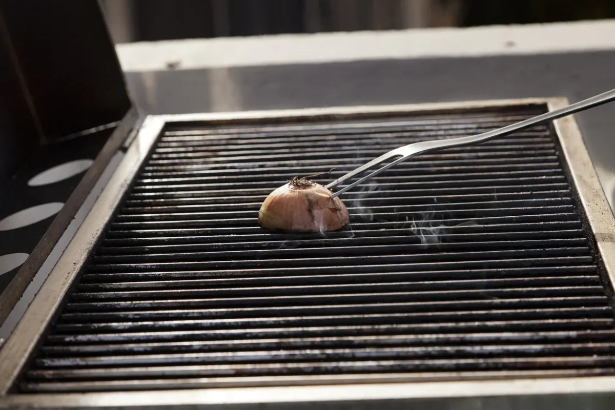Geben Sie einen Teelöffel Zwiebel in den Mixer und reinigen Sie den Grill Geben Sie einen Teelöffel Zwiebel in den Mixer und reinigen Sie den Grill